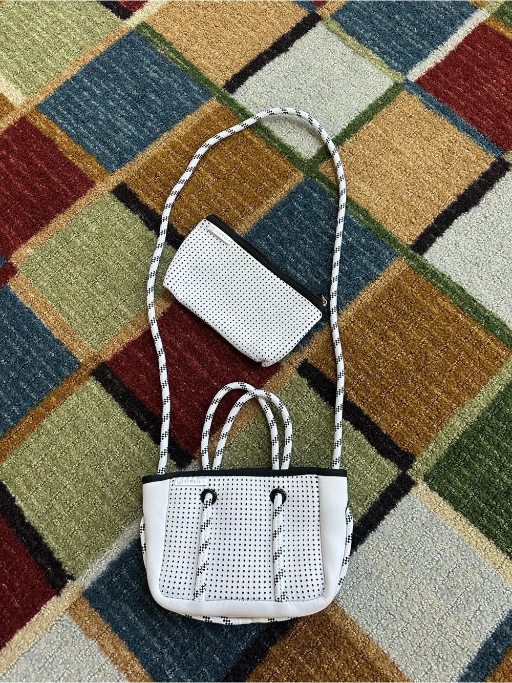 3jimeila White neoprene Perforated Crossbody Tote with Pouch long strap attached